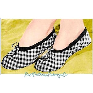 May include: A pair of black and white gingham patterned slippers with black trim and small bows. The slippers are on a yellow-green surface. The text "PastPatternPaloozaCo" is in the bottom center.