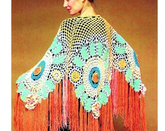 May include: A crocheted shawl with a colorful floral design and fringe. The shawl is made with a variety of colors, including yellow, green, blue, and orange. The fringe is a bright orange color.