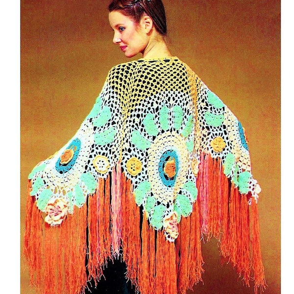 Vintage Crochet Pattern Womens Mod Rose Medallion Shawl PDF Instant Digital Download Boho Hippie Gypsy Flowers Leaves Fringed Wrap 4 Ply