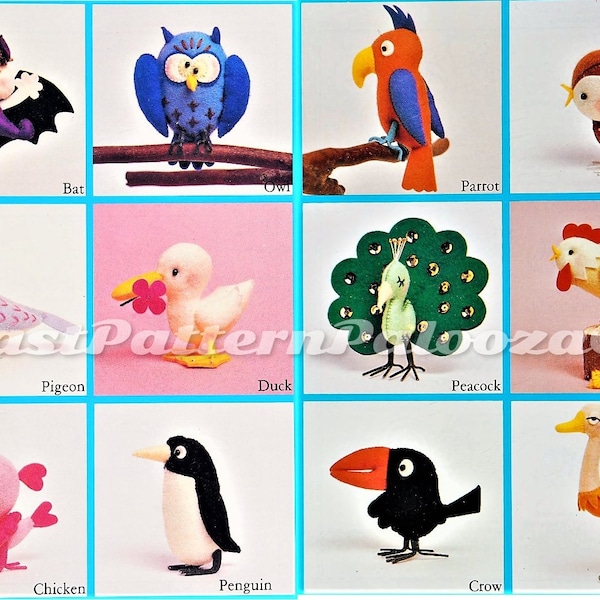 Patron de couture vintage Mini oiseaux en feutre doux poupées 12 figurines 2-5 pouces PDF Téléchargement numérique instantané Chauve-souris hibou perroquet paon poulet