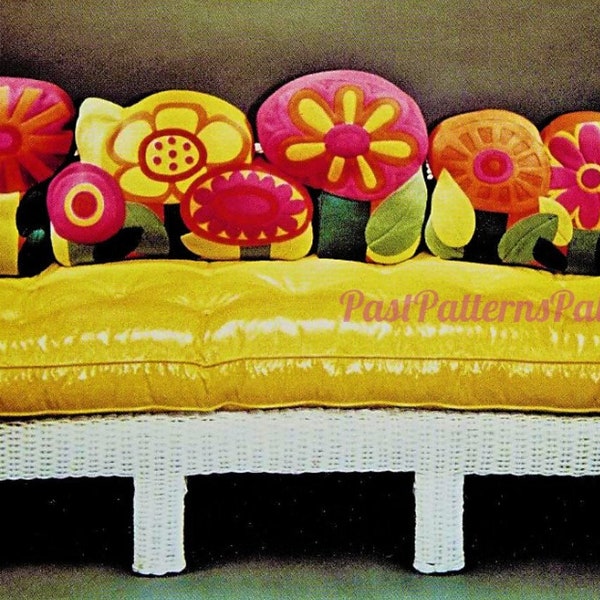 Vintage Sewing Pattern Felt Fabric Flower Power Applique Pillows 4 Designs PDF Instant Digital Download Retro Funky Boho Mod Groovy Cushions