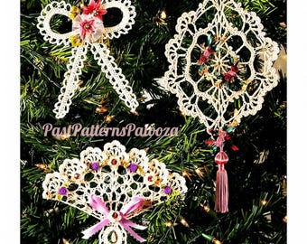 Vintage Crochet Thread Pattern 3 Beautiful Victorian Keepsake Lace Christmas Tree Ornaments Bow Fan Suncatcher PDF Instant Digital Download
