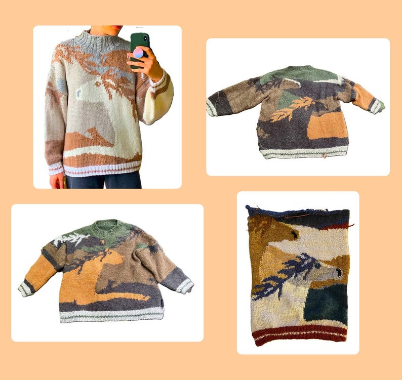 May include: A long-sleeve knit sweater featuring a multi-colored intarsia design of horses in a landscape. The sweater has a ribbed crew neckline, cuffs, and hem, with earthy tones of brown, tan, cream, and green throughout the knit pattern.