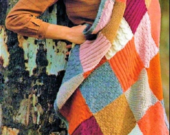 Vintage Knitting Pattern Aran Knit Patchwork Squares Blanket Afghan PDF Instant Digital Download 6 Motif Sampler 8 Ply