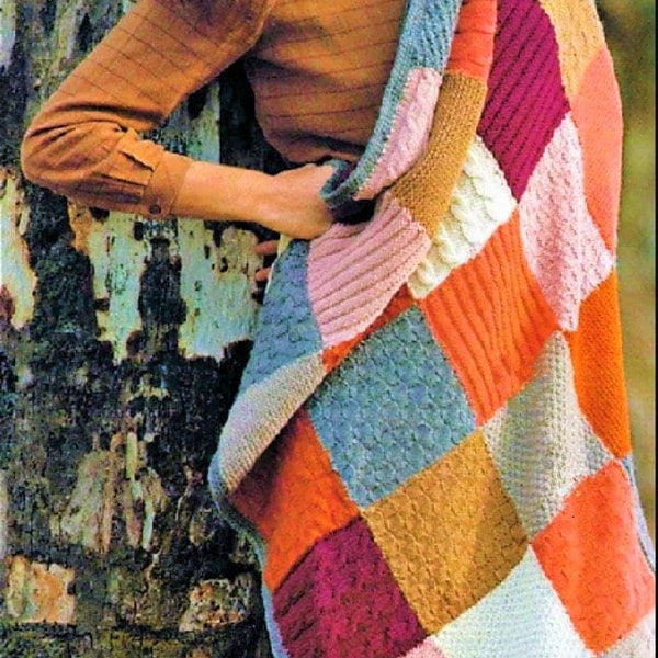 Modèle de tricot vintage Aran, couverture patchwork de carrés PDF afghans, téléchargement numérique instantané, échantillon de 6 motifs, 8 épaisseurs