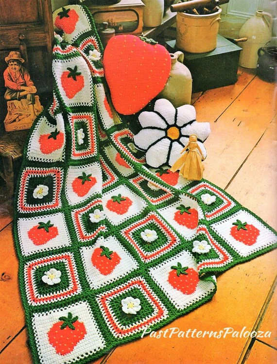 Vintage Crochet Pattern Strawberries Rosette Blossoms Afghan