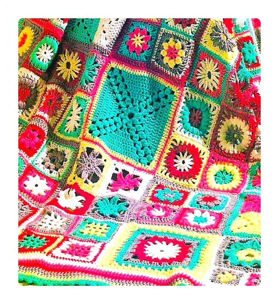 終わった栄造出品 Vintage Crochet Pattern Granny Square Sampler Afghan Patchwork
