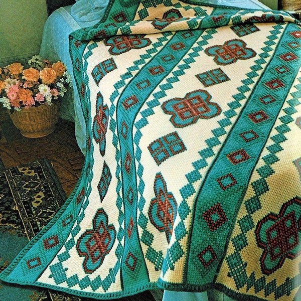 Vintage au crochet Navajo Afghan Pattern PDF Téléchargement numérique instantané Broderie de losanges Design point tunisien 63 x 78 10 épaisseurs