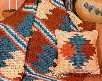 Vintage Crochet Afghan Pattern Southwestern Desert Sunset Blanket & Pillow Set PDF Instant Digital Download Navajo Indian Design 10 Ply