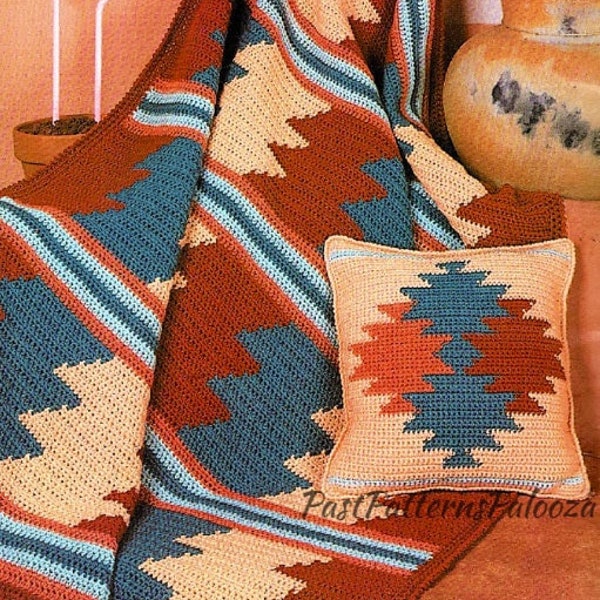 Vintage Crochet Afghan Pattern Southwestern Desert Sunset Blanket & Pillow Set PDF Instant Digital Download Navajo Indian Design 10 Ply