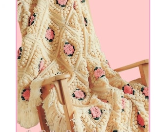 Vintage Crochet Pattern Floral Popcorn Granny Squares Afghan PDF Instant Digital Download Roses Flowers Large King Throw 81x100