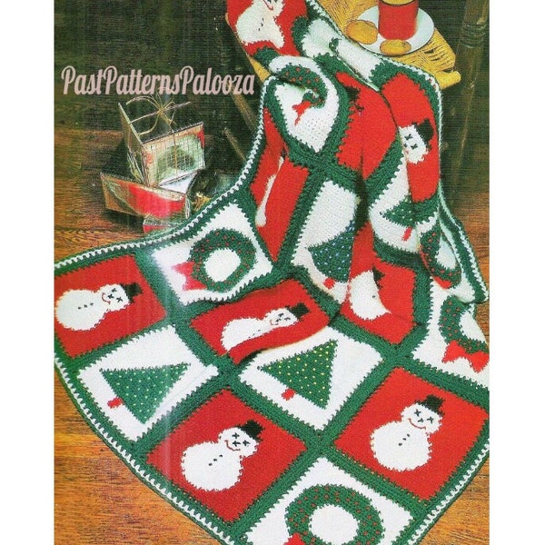Vintage Crochet Pattern Christmas Granny Squares Snowman Tree Wreath Afghan PDF Instant Digital Download Fun Festive Blanket 10 Ply