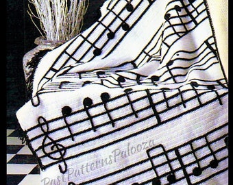 Vintage Crochet Pattern Musical Notes Afghan PDF Instant Digital Download Music Lovers Throw Blanket 50x55 Easy Beginners