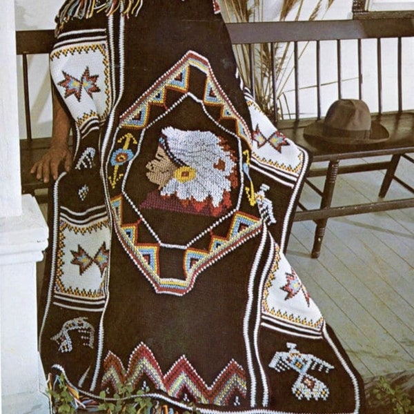 Vintage Crochet Afghan American Indian Blanket Pattern PDF Instant Digital Download Indian Chief Head Throw 4 Ply