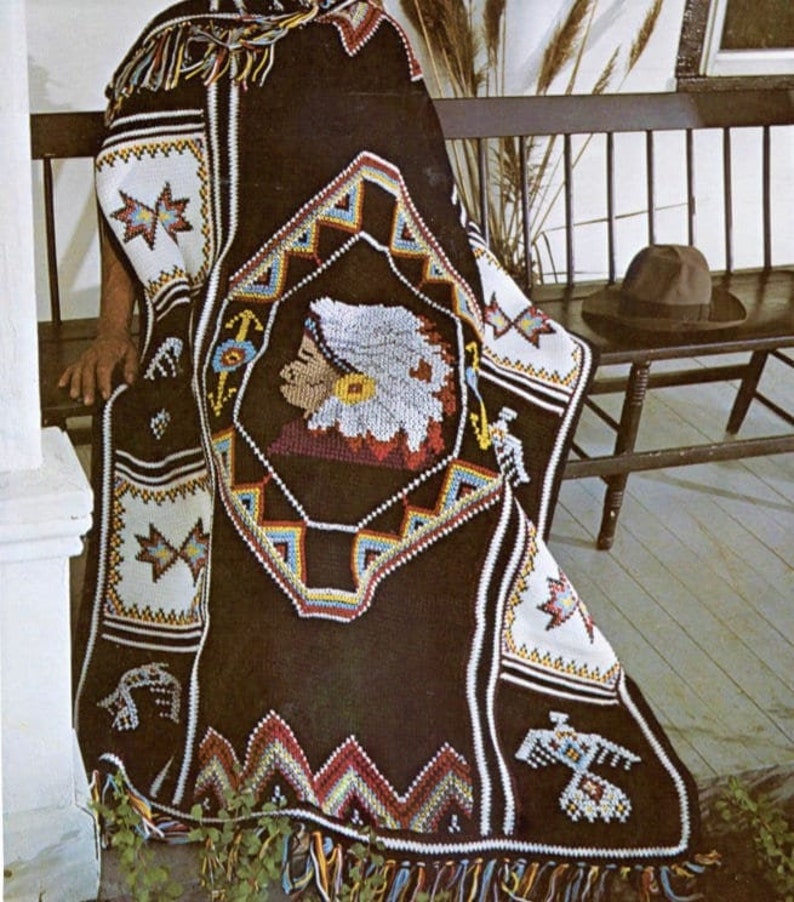 Vintage Crochet Afghan American Indian Blanket Pattern PDF Instant Digital Download Indian Chief Head Throw 4 Ply afbeelding 1