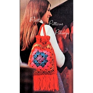 Vintage Crochet Pattern Fringed Granny Square Shoulder Bag Handbag Cinch Drawstring Top PDF Instant Digital Download Carry All Tote Purse