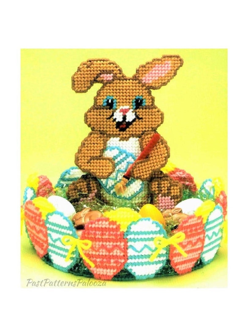 Vintage Plastic Canvas Pattern 9" Easter Bunny Basket Easter Eggs Candy Treat Dish Centerpiece PDF Instant Digital Download Table Decor 7 Ct image 1
