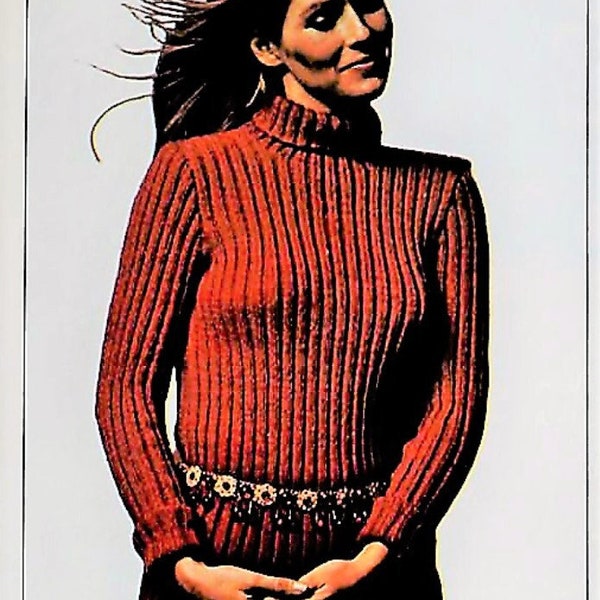 Vintage Knitting Pattern Womens Classic Ribbed Turtleneck Pullover Sweater PDF Instant Digital Download Long Sleeved Jumper Top 5 Ply S M L