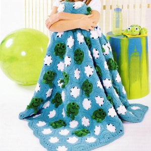Vintage Crochet Kids Frog Frenzy Afghan Pattern PDF Instant Digital Download Froggie Lily Pads Floral Motifs Animal Afghan Patchwork E4