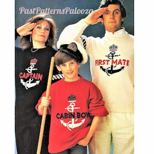 Vintage Knitting Pattern Funny Nautical Family Sweaters Captain First Mate Cabin Boy PDF Instant Digital Download Womens Mens Childs Jumpers