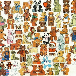 Vintage Cross Stitch Patterns Tons &#39;O Teddy Bears Motifs PDF Instant Digital Download Embroidery Mini Cute Toy Bear 57 Designs A1