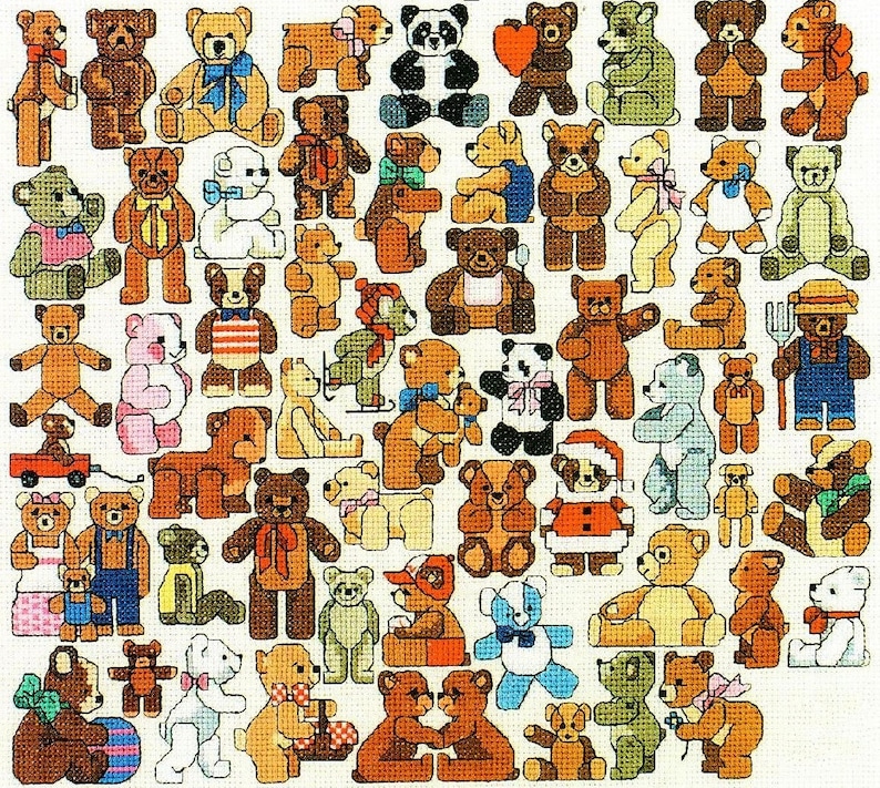 Vintage Cross Stitch Patterns Tons 'O Teddy Bears Motifs PDF Instant Digital Download Embroidery Mini Cute Toy Bear 57 Designs A1 image 1