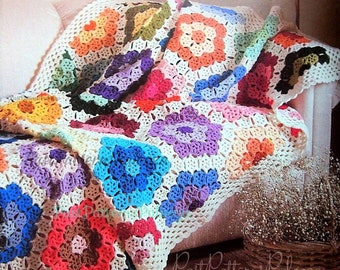 Vintage motif au crochet dentelle grand-mère hexagonale jardin de fleurs PDF afghan téléchargement numérique instantané motif floral tricolore couverture photo 10 épaisseurs