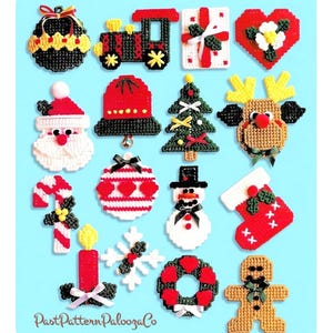 May include: A collection of sixteen plastic canvas Christmas ornaments featuring a train, Santa Claus, a snowman, a reindeer, a gingerbread person, a candy cane, a candle, a wreath, a snowflake, and various holiday shapes with red, white, and green accents.