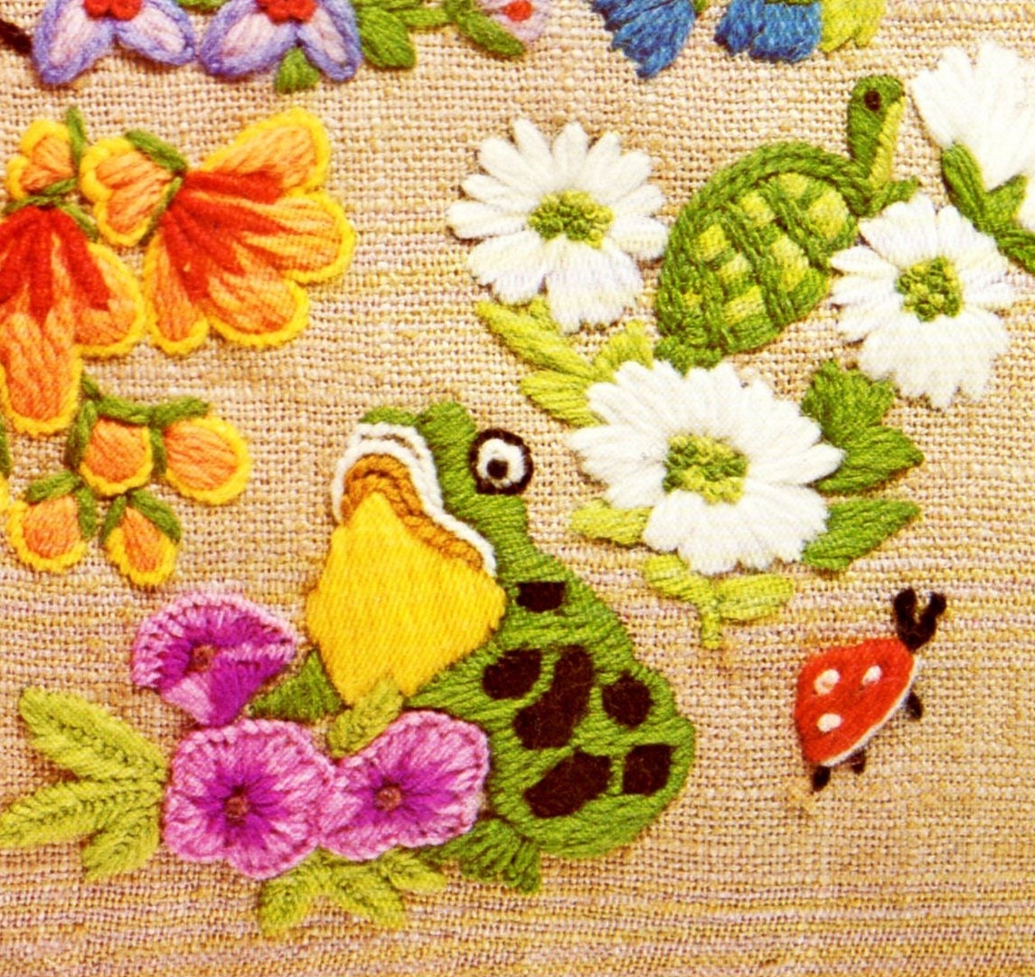 Vintage Crewel Embroidery Pattern Spring Garden Animals Flower Blossoms ...