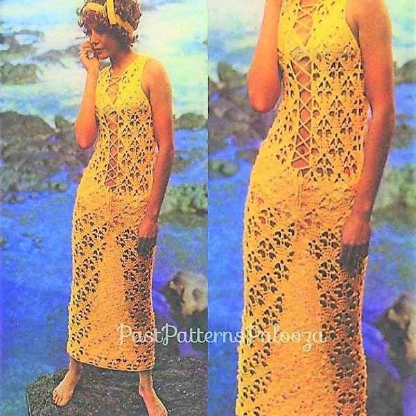 Vintage Crochet Pattern Womens Lace Maxi Dress Beach Bikini Cover Up PDF Instant Digital Download Retro Boho Hippie Chic 4 Ply