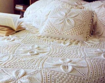 Vintage Knitting Pattern Raised Apricot Leaf Blanket Counterpane Afghan Bedspread Throw Cushion Set PDF Instant Digital Download Any Size