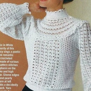 Vintage Crochet Pattern Romantic Lacy High Ruffled Collar Sweater Victorian Button Down Back PDF Instant Digital Download Retro 1980s 5 Ply image 2