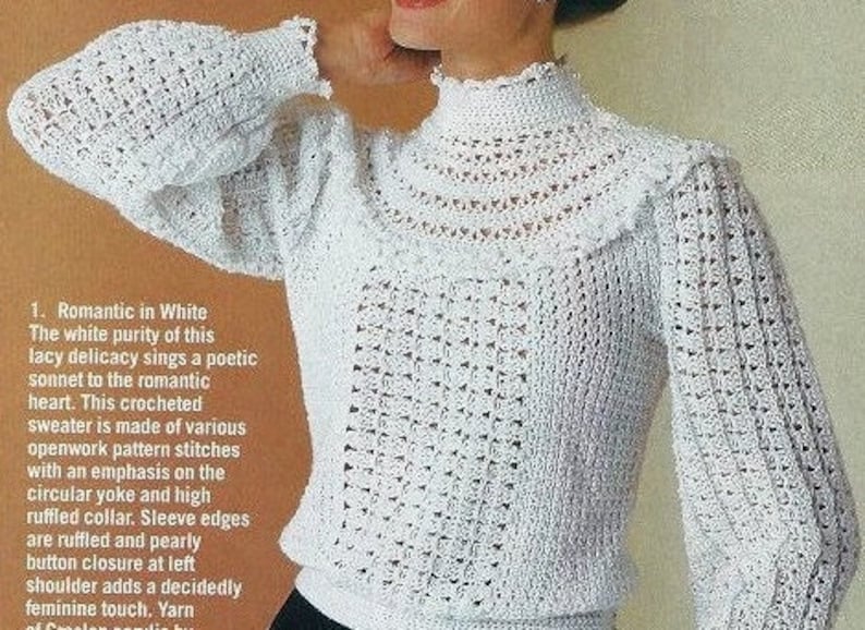 Vintage Crochet Pattern Romantic Lacy High Ruffled Collar Sweater Victorian Button Down Back PDF Instant Digital Download Retro 1980s 5 Ply image 2