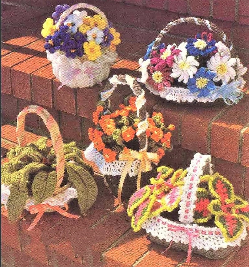 Vintage Crochet Patterns Fancy Flower and Plant Baskets PDF Instant Digital Download Realistic Floral Basket Amigurumi 5 Designs 10 Ply zdjęcie 2