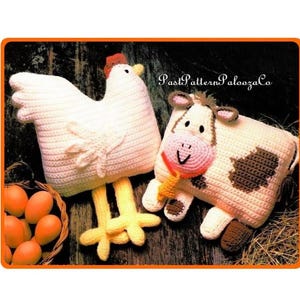 Vintage Crochet Pattern 9&quot; Country Barnyard Animal Pillows Chicken Cow Cushion PDF Instant Digital Download Hen Farmhouse Chic 4 Ply