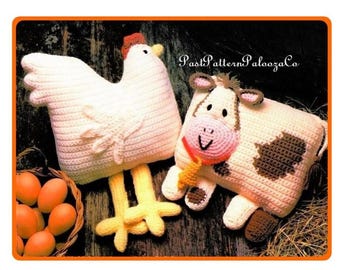 Vintage Crochet Pattern 9" Country Barnyard Animal Pillows Chicken Cow Cushion PDF Instant Digital Download Hen Farmhouse Chic 4 Ply