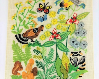 Vintage Crewel Embroidery Pattern Woodland Plants Animals Botanical Insects Ecosystem Motifs PDF Instant Digital Download