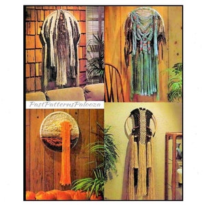 May include: Four macrame wall hangings in different styles and colors. The hangings are made with natural fibers and feature geometric patterns and fringe. The hangings are displayed on a wooden wall with a wood-paneled background.