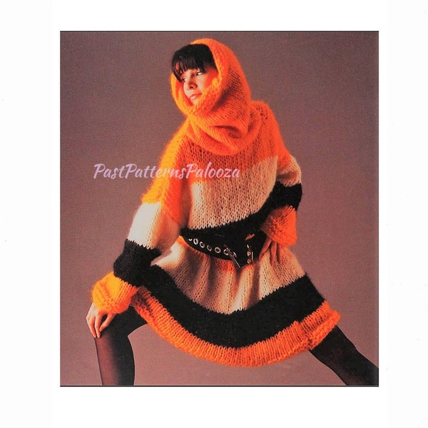 Vintage Knitting Pattern Womens Cowl Collar Hooded Stripe Dress or Tunic PDF Instant Digital Download Retro Big Needle Knits Chunky 12 Ply