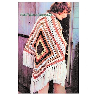 Vintage Crochet Pattern Womens Quick Easy Granny Square Poncho PDF Instant Digital Download Retro Boho 1970s Fringed Wrap Chunky 12 Ply