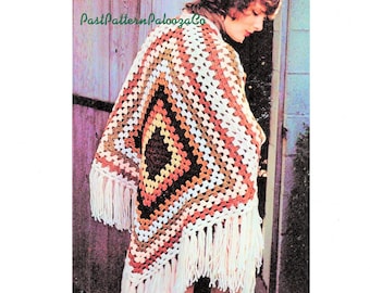 Vintage Crochet Pattern Womens Quick Easy Granny Square Poncho PDF Instant Digital Download Retro Boho 1970s Fringed Wrap Chunky 12 Ply