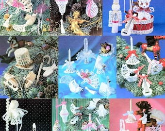 May include: A collection of nine crocheted Christmas ornaments, including a bell, a basket, a hat, a bird, a rocking horse, a teddy bear, a nutcracker, a fan, and a doll. The ornaments are all white and feature delicate crocheted details.