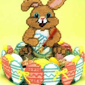 Vintage Plastic Canvas Pattern 9" Easter Bunny Basket Easter Eggs Candy Treat Dish Centerpiece PDF Instant Digital Download Table Decor 7 Ct image 4