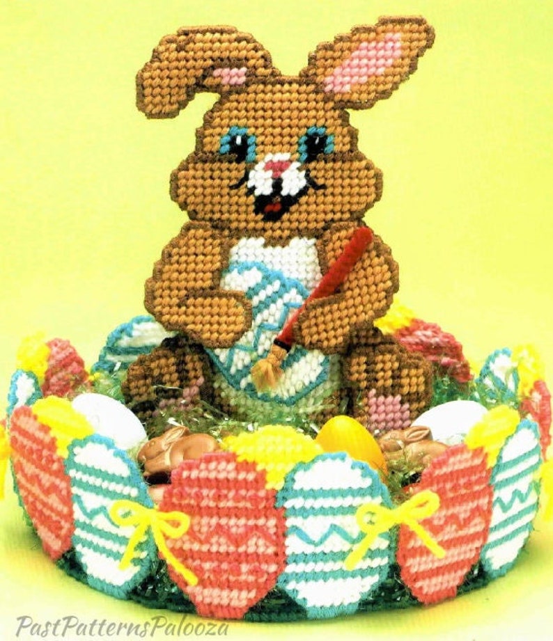 Vintage Plastic Canvas Pattern 9" Easter Bunny Basket Easter Eggs Candy Treat Dish Centerpiece PDF Instant Digital Download Table Decor 7 Ct image 4
