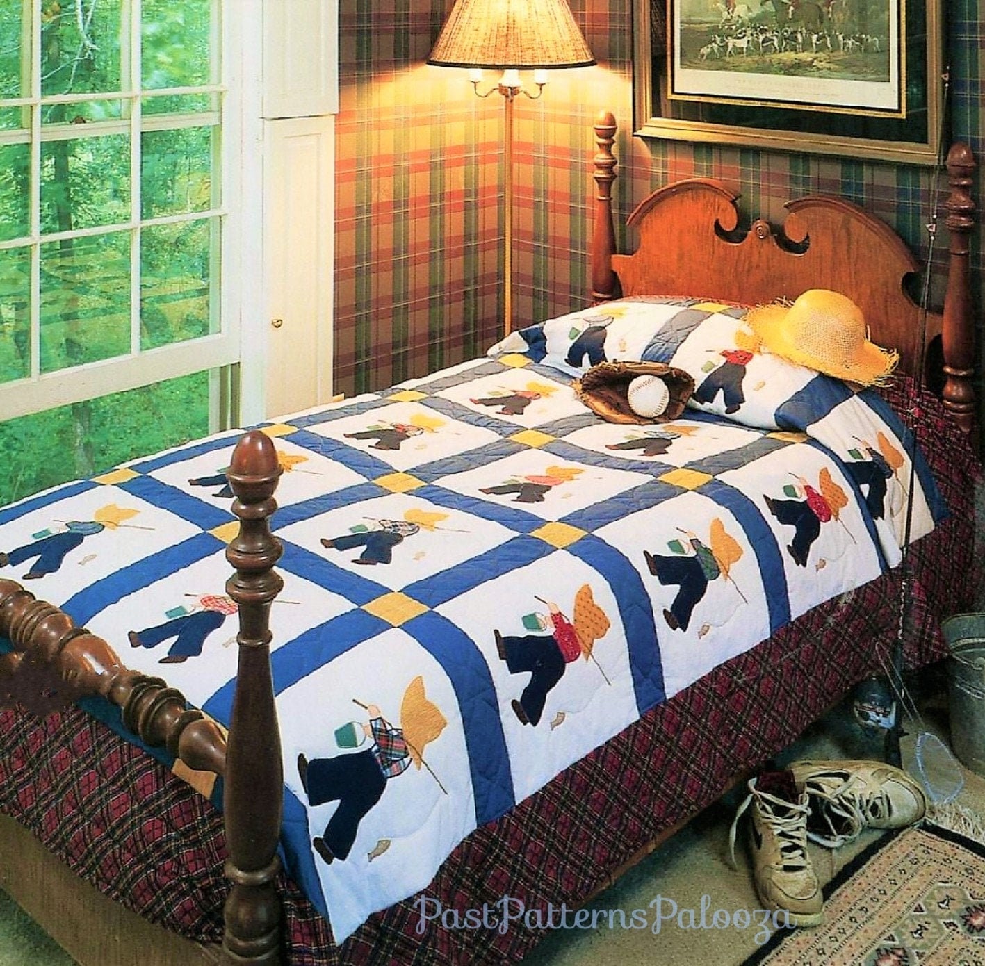 boy with fishing pole quilt block Kit Blue Plaid Fabrics, Pattern and Backing Toddler Kit 39x60 / MINKY Breeze fish and paddle fabrics Gone Fishin | Quilters Warehouses