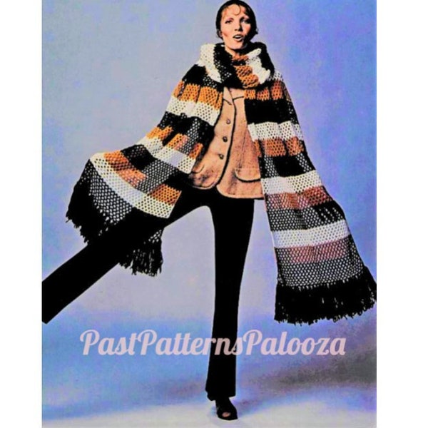 Vintage Crochet Pattern Womens Fabulous Maxi Scarf 10 Foot Long and Hat Set PDF Instant Digital Download Retro 70s Boho Chic DK