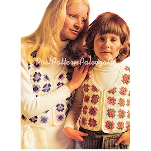 May include: A crochet pattern for a vest with a granny square design. The pattern is for both adults and children. The vest is made with white yarn and has pink, green, and blue accents.