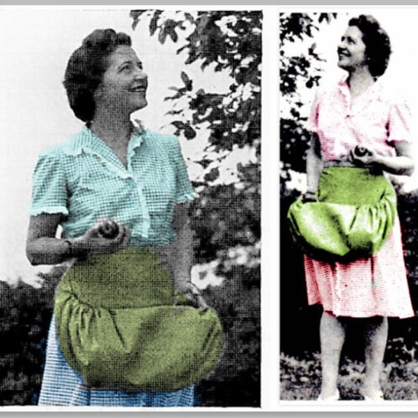 Vintage Sewing Pattern Womens Gathering Harvest Basket Apron PDF Instant Digital Download Easy Sew Fruit Veggies Eggs Cinch Cotton c. 1940s