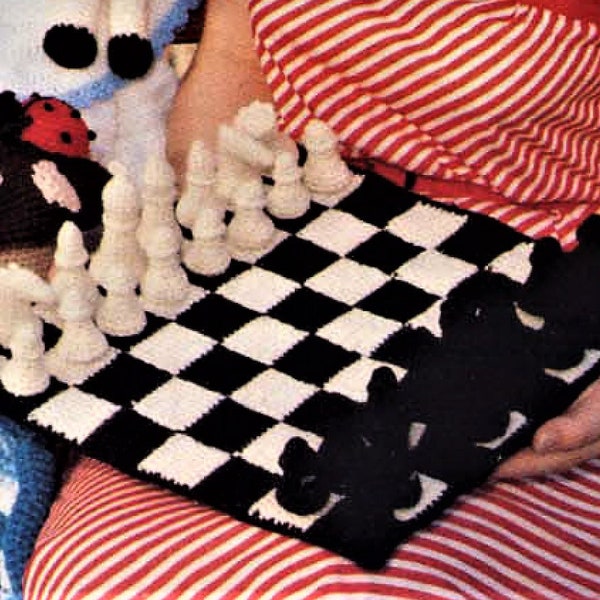 Vintage Crochet Pattern Chess Board Game PDF Instant Digital Download Chess Set Amigurumi Soft Toy 4 Ply