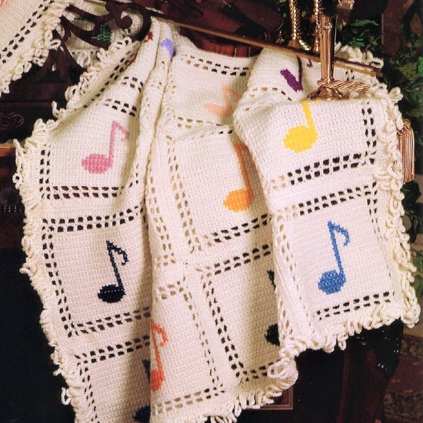 Vintage Crochet Pattern Music Notes Afghan Design PDF Instant Digital Download Musical Throw Blanket Cross Stitch Colorful Notes 10 Ply